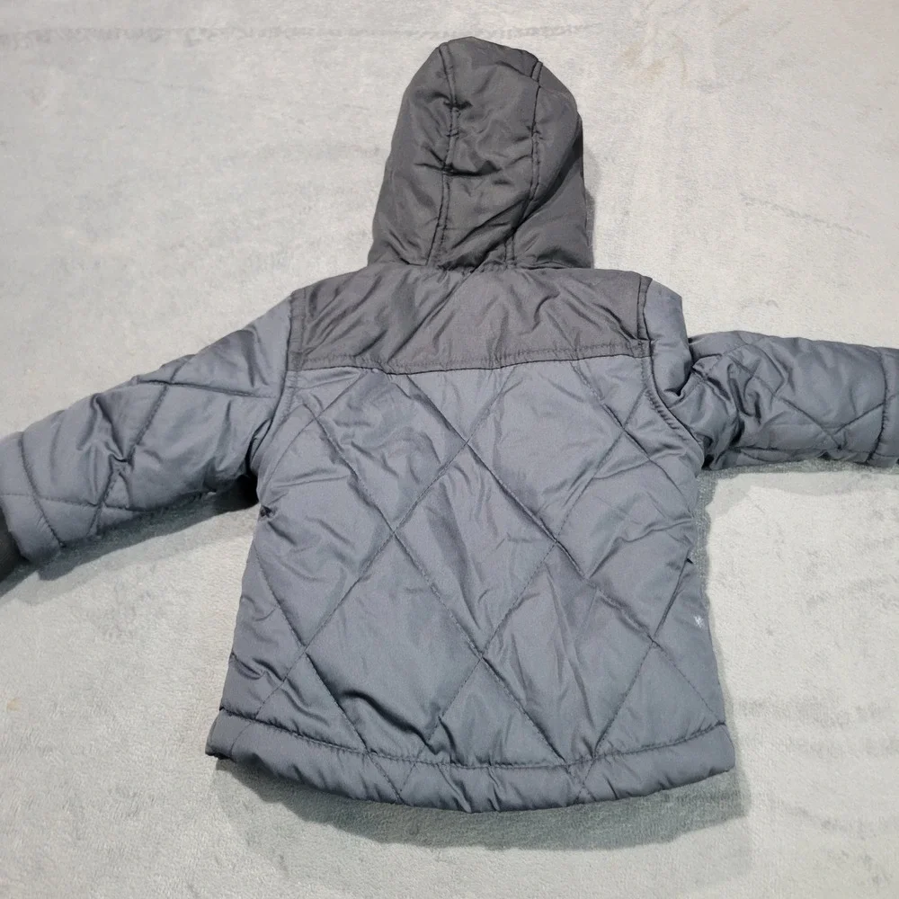 Carters Puffer Jacket Baby Boys 12M Gray Blue Hooded Quilted Adventure Gear Coat
